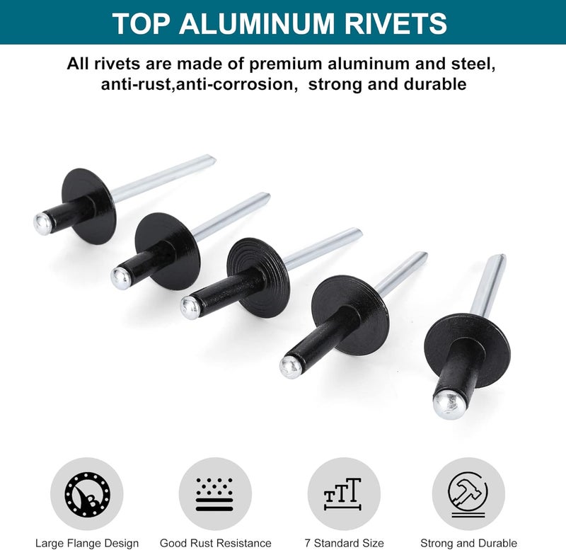 SATANTECH 200PCS Black Rivets Pop Rivets Assortment Kit, Large flange Aluminum Rivets(1/8" 3/16" 1/4") Assorted Blind Rivets with Case - Image 2